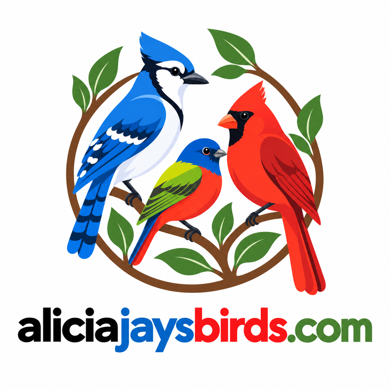Alicia Jays Birds dot com: a blue jay, painted bunting and cardinal perched among green leaves